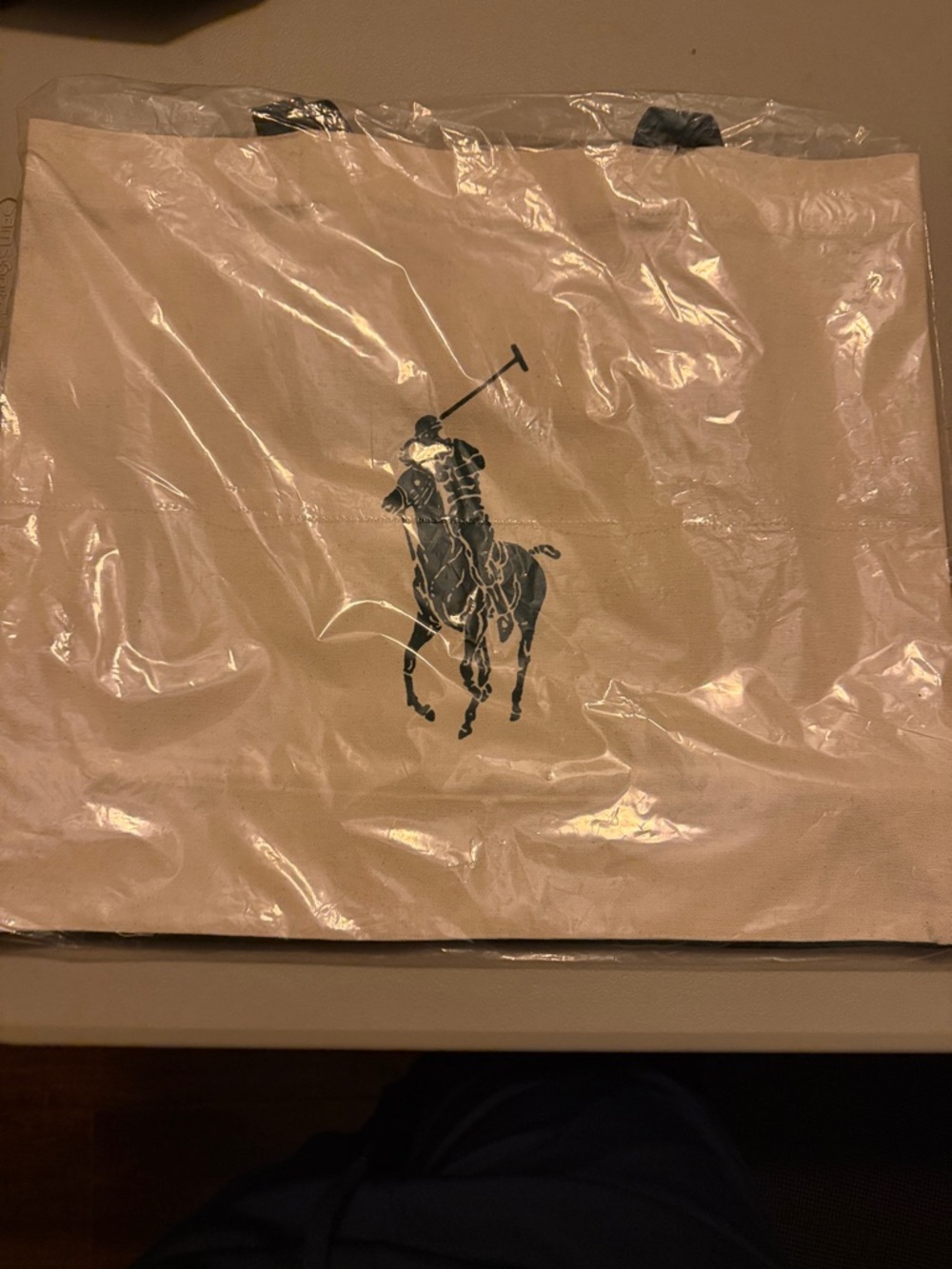 Ralph Lauren Beige Canvas Tote with Green Polo Logo